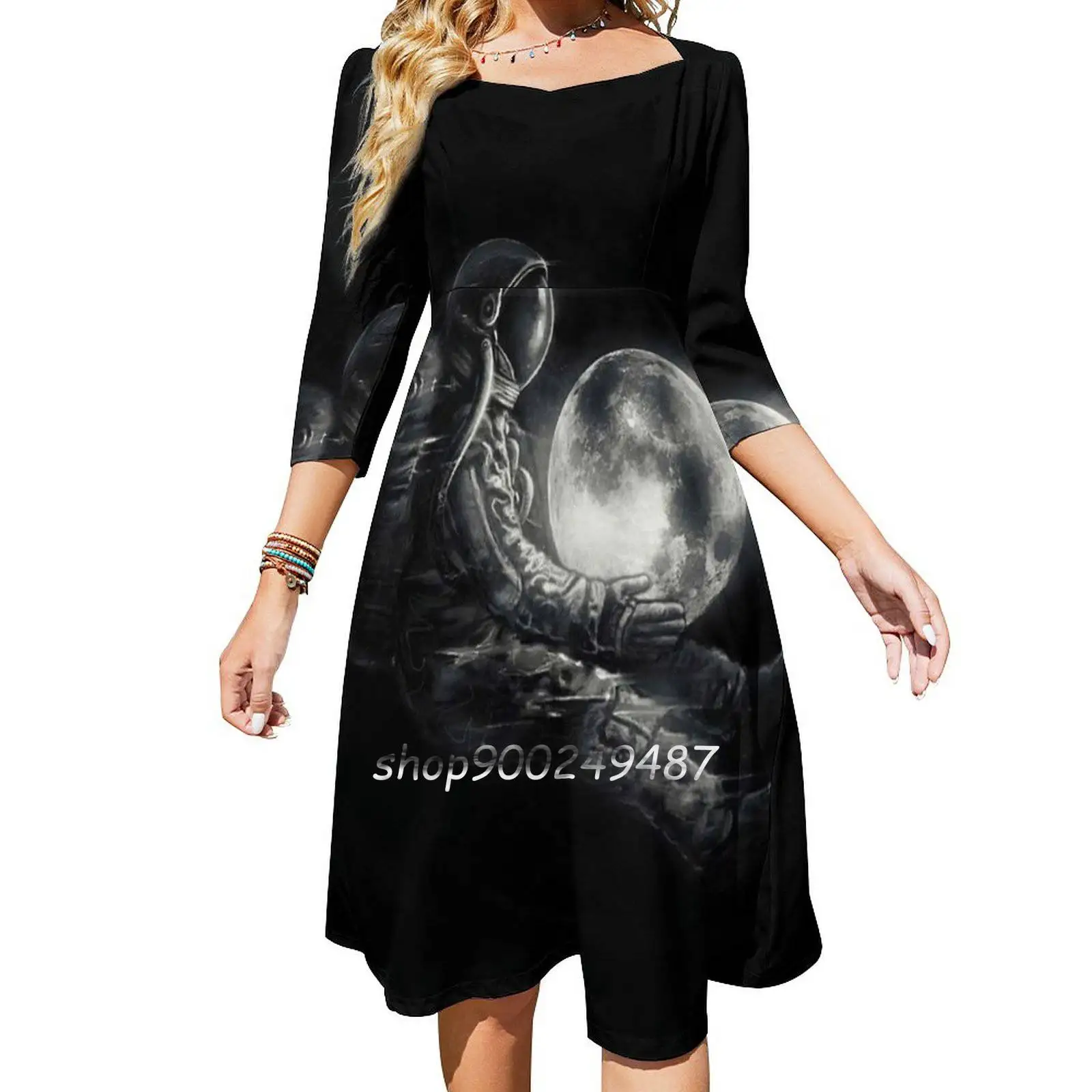 Moon Play Sweetheart Knot Flared Dress Fashion Design Large Size Loose Dress Astronaut Moon Space Space Art Black And White