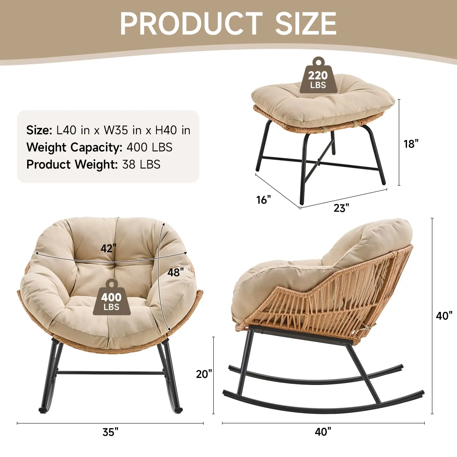 Papasan Rocking Chair with Ottoman, Oversized Wicker Rattan Egg Patio Chair Indoor Outdoor Lounge Rocker Chair for Garden