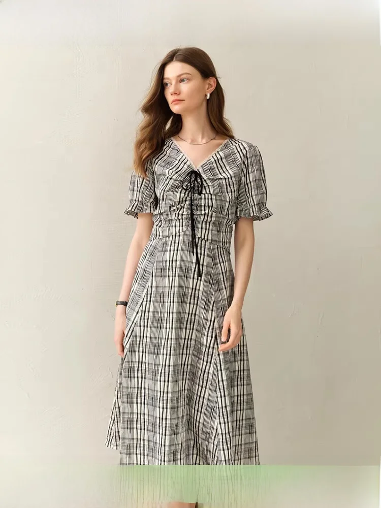 

Женская клетчатая юбка большого размера с рюшами и V-образным вырезом, цветная юбка-миди, весна-лето, модная повседневная хлопковая смесь