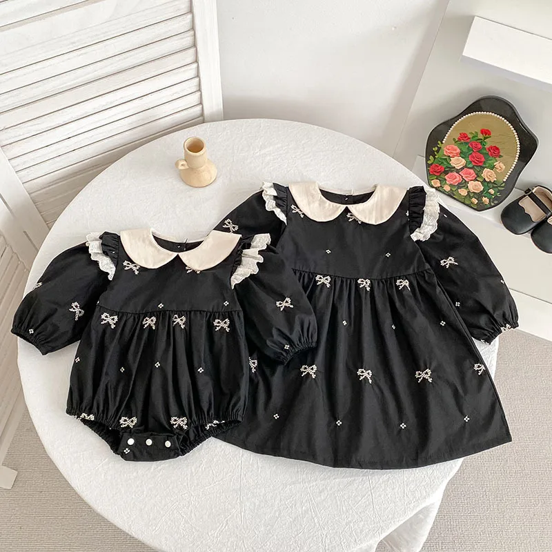 2026 Spring Korean Style Baby Girls Dress with Peter Pan Collar Long Sleeve Romper Toddler Outfit Casual Sister Matching Clothes