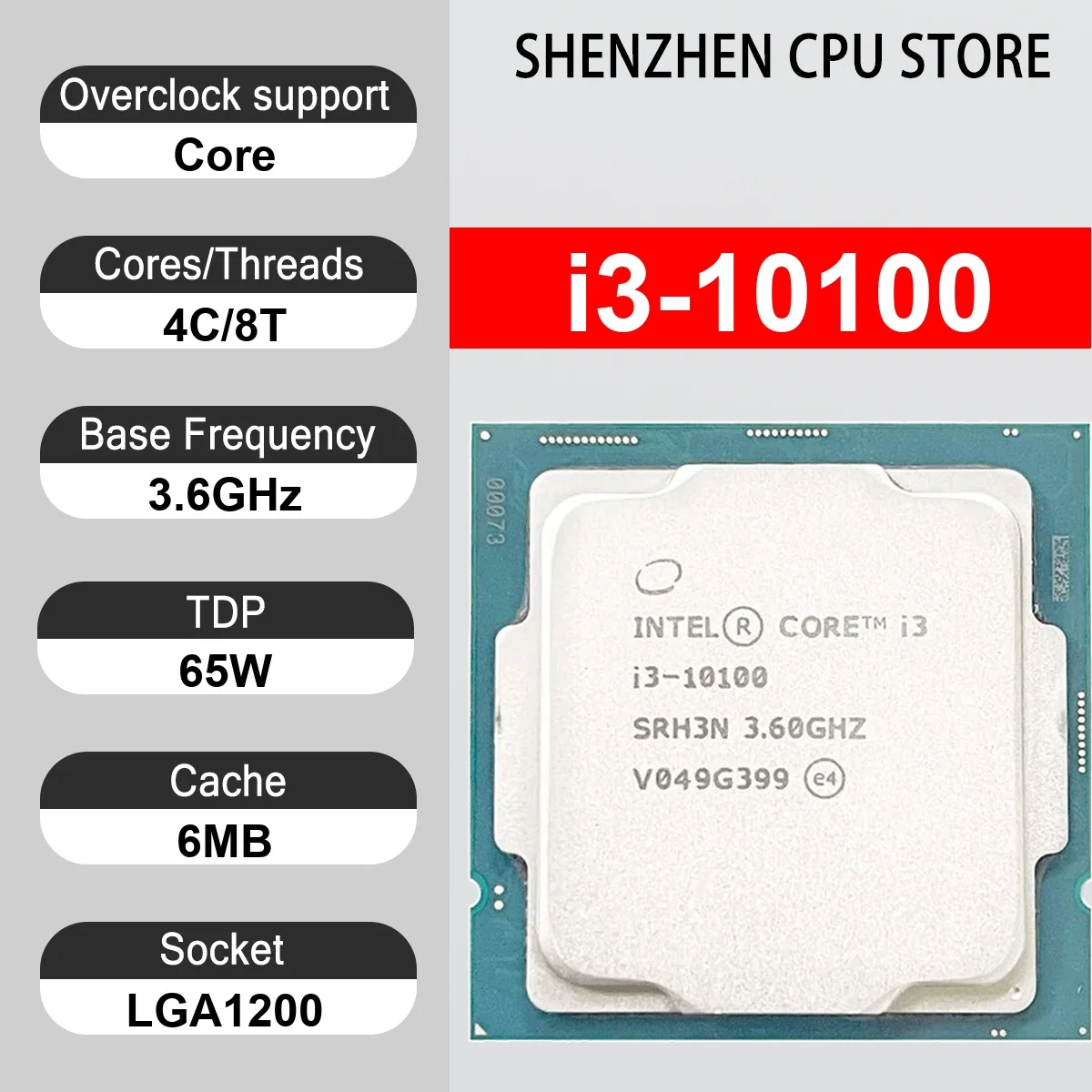 Intel Core i3-10100 4 Core 8 Thread 3.60GHz 65W 6MB Cache 14nm LGA1200 SRH3N DDR4-2666 MHz Comet Lake UHD Graphics 630
