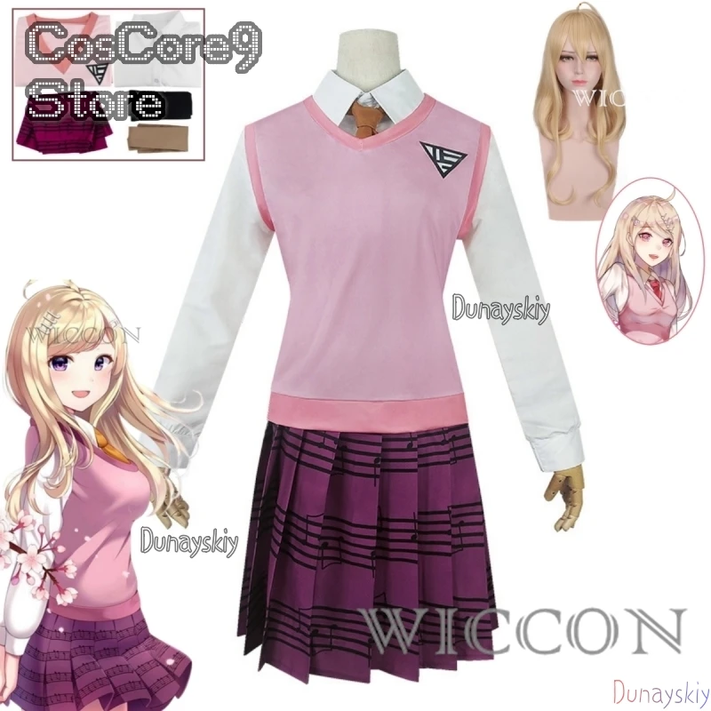 Anime Dangaronpa Kaede Akamatsu Cosplay Kostum Tank Top Short Skirt Pleated Skirt JK School Uniform Halloween Party Set