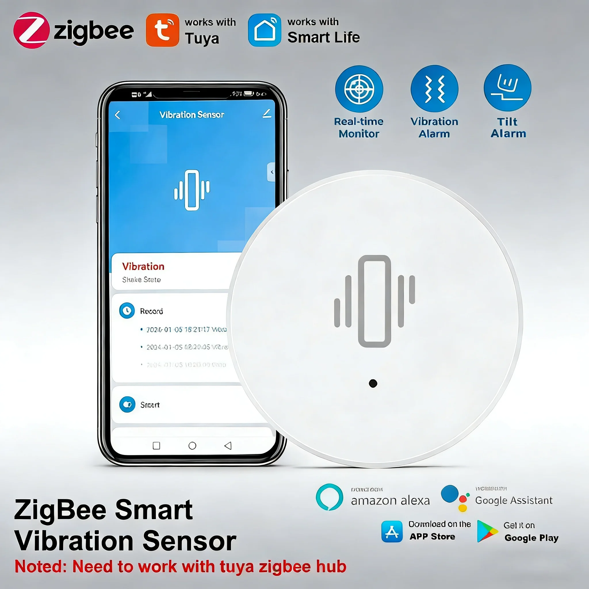 Tuya Zigbee vibration sensor circular detection sensor Smart Life app lication Notification Real-Time motion impact Alarm Record