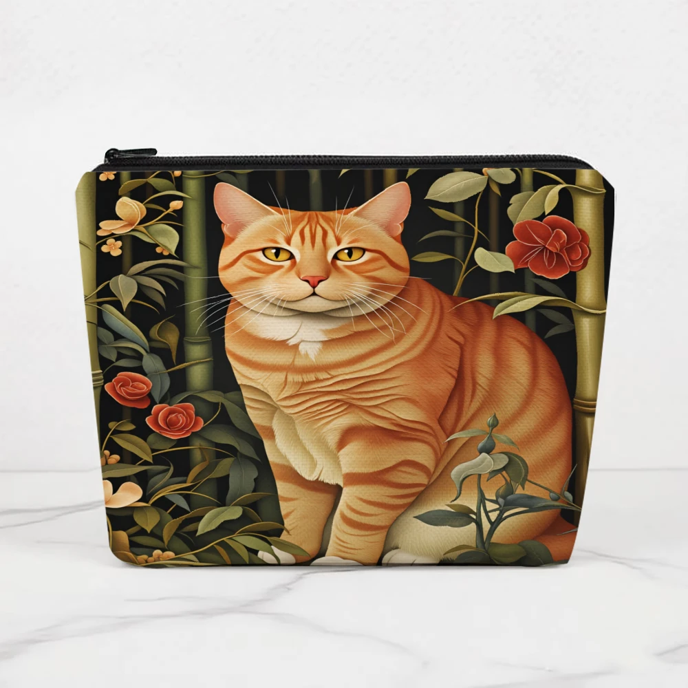 Orange Cat Bamboo Flowers Pattern Makeup Bags for Girls Cosmetic Pouch Toiletry Bag Pencil Case Travel Storage