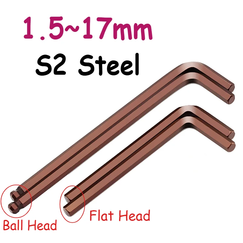 1.5~17mm Antique Copper S2 Steel Flat/Ball Head L Type Hex Key Hex Hexagon Wrench Lengthen Arm Allen Set Wrench Metric Hand Tool