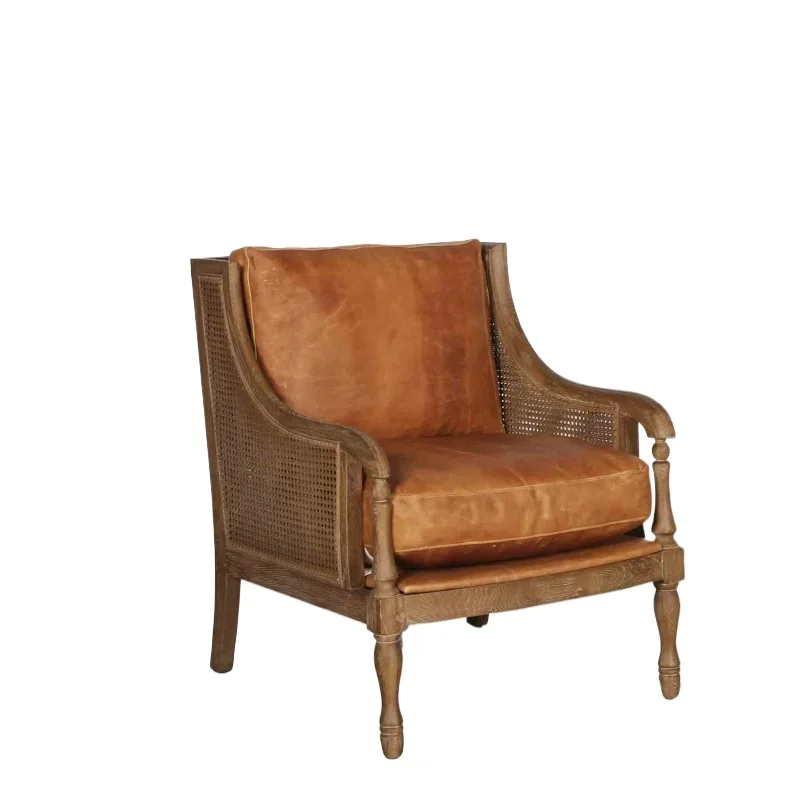 

North American retro linen sofa chair French solid wood leisure chair sofa vine back armrest