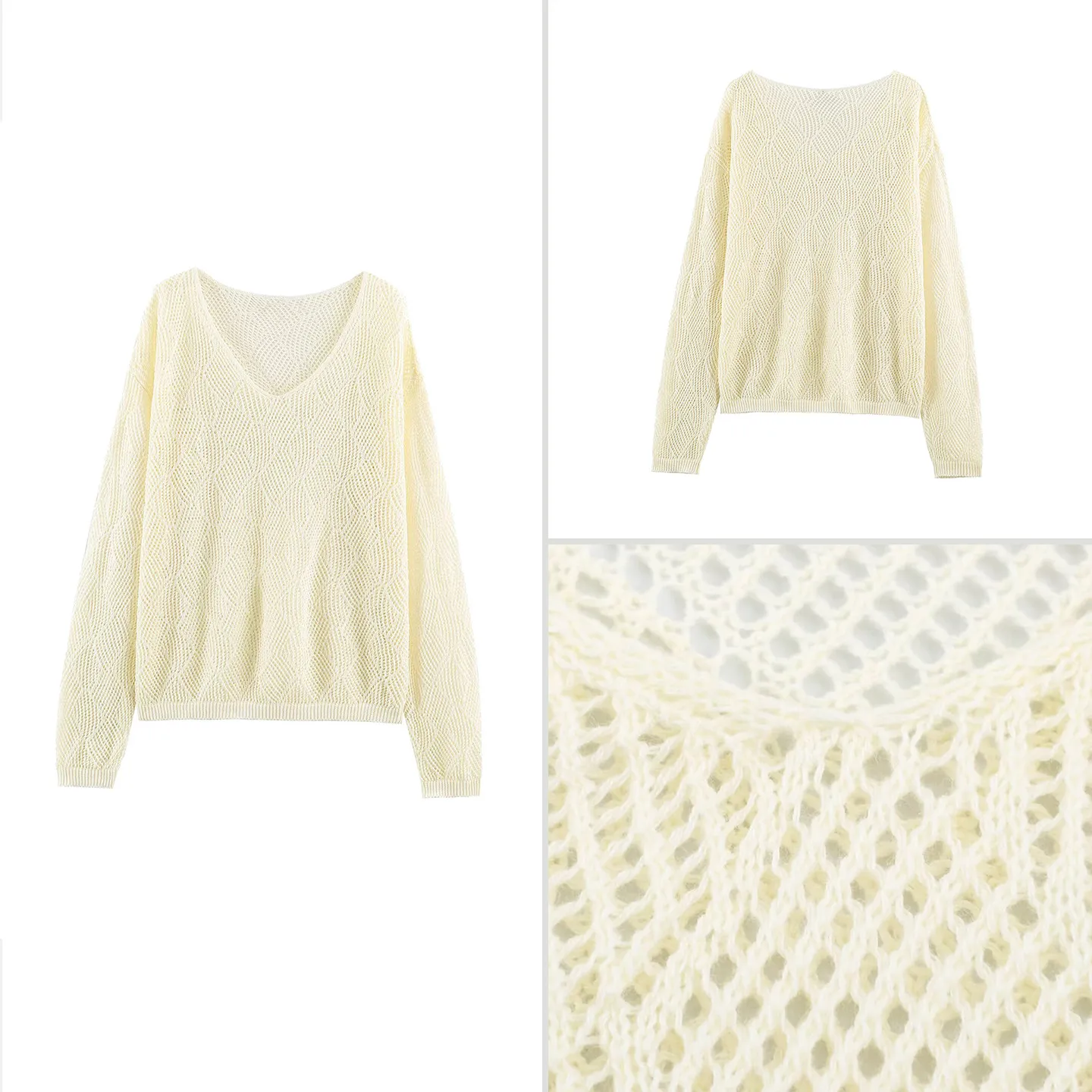 ZADATA Women's Long Sleeve Knitted Shirt Hollow Diamond Pattern Personality Fit V-neck Autumn Fashion 2026 New Arrival