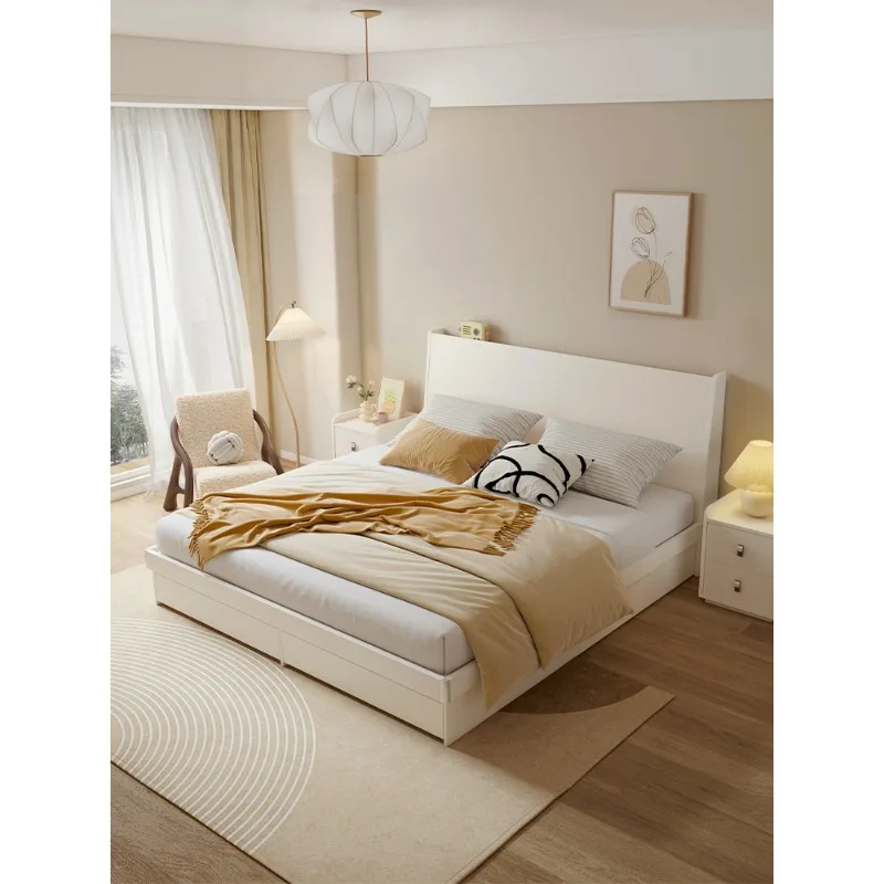

Double bed Cream wind smart storage White simple soft high box storage Master bedroom Tatami wedding