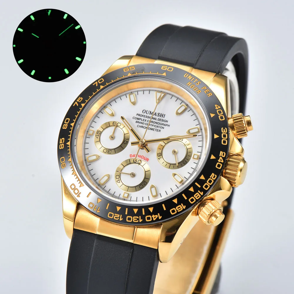 Jam tangan quartz mewah pria 39,3mm dengan strap karet, kristal safir, dan mesin quartz Jepang VK63, dapat dikustomisasi dengan logo.