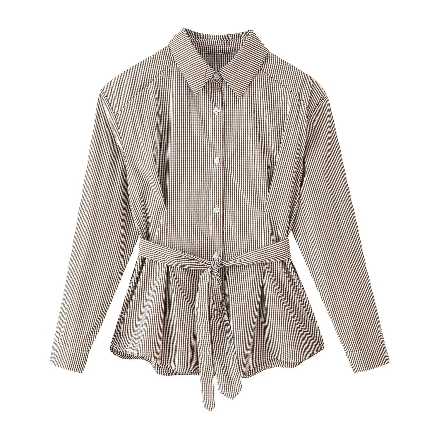 

Dave&di Versatile Plaid Tie With Lapel And Waist Cinching Woman Clothes Shirts & Blouses Women's Clothes Shirts Tops