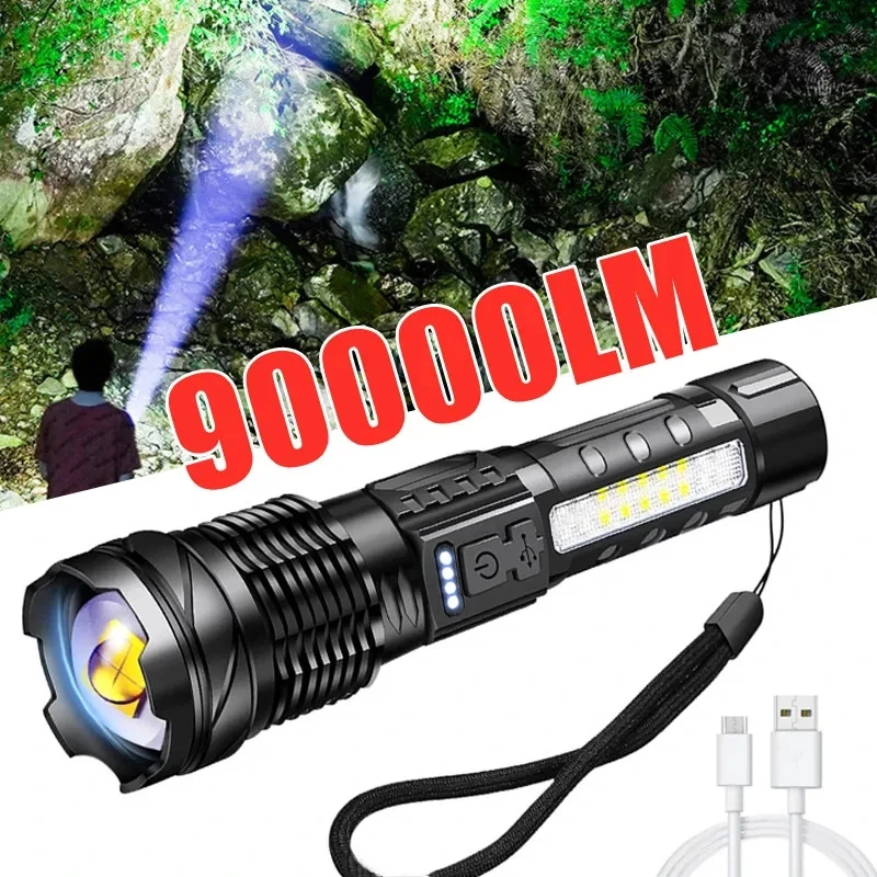 High Strong Power 90000LM Led Zoom Flashlights Tactical Emergency Spotlights USB Rechargeable Outdoor Camping Hiking Torch