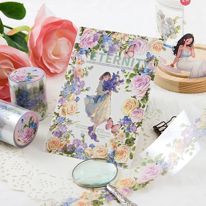 

2Rolls 50mm*2m Transparent PET Tape Stickers Flowers Decorative Tape Stickers Set For Scrapbooking Junk Journal