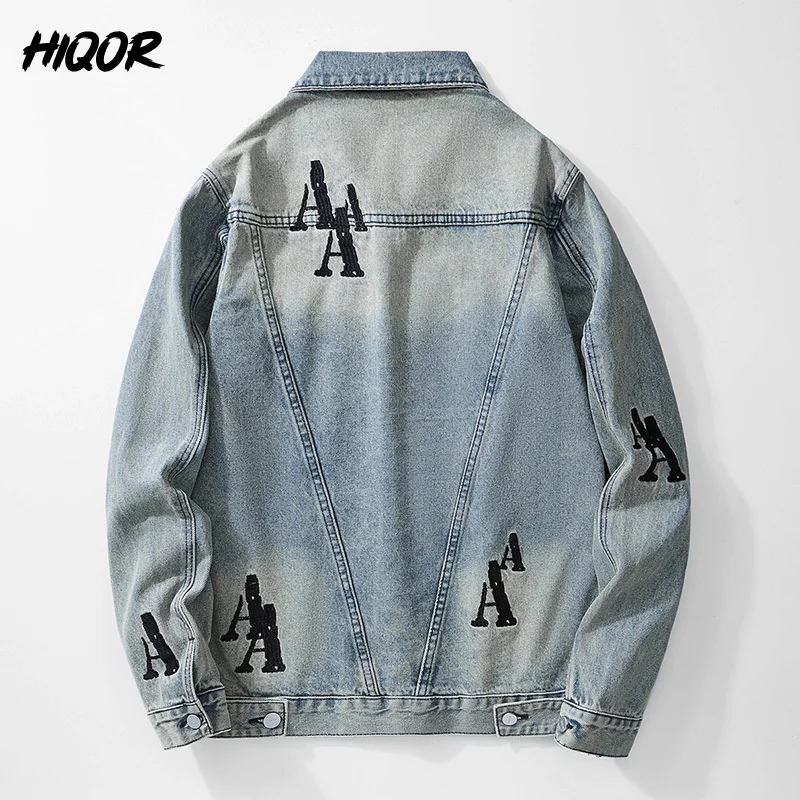 HIQOR Autumn Winter Denim Jackets Men Fashion Letter A Embroidery Design Washed Vintage Men\'s Jacket Coat Oversize Mens Clothing