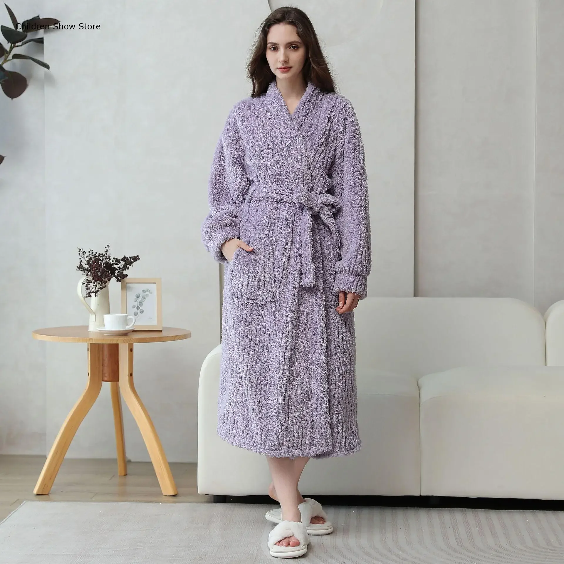 Women Long Purple Shower Robes Kimono Warm Coral Fleece Bathrobe Gown with Pocket Winter New Peignoir Dress Thicken Loungewear