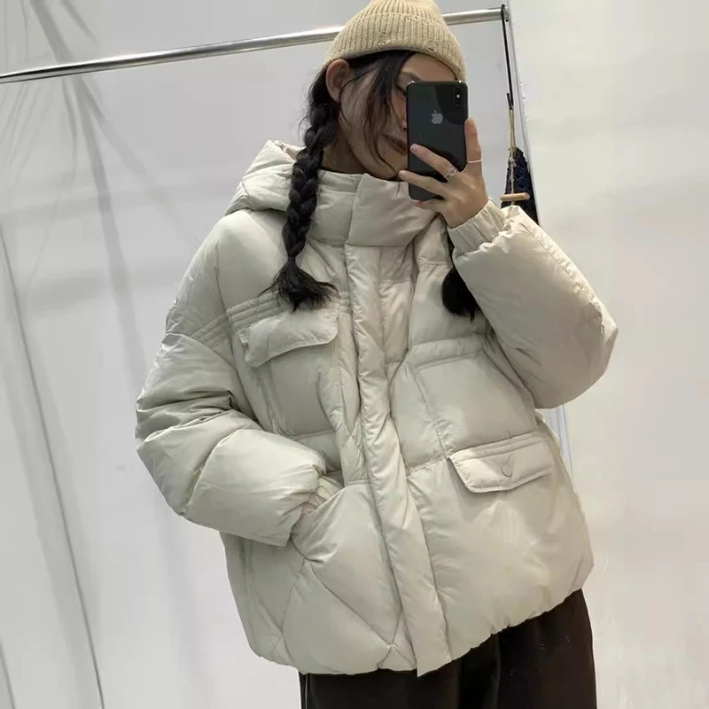 New Winter Hooded Versatile Short Down Coats Women White Duck Down Jacket Thickened Warm Puffer Jacket Loose Over Size Outwear