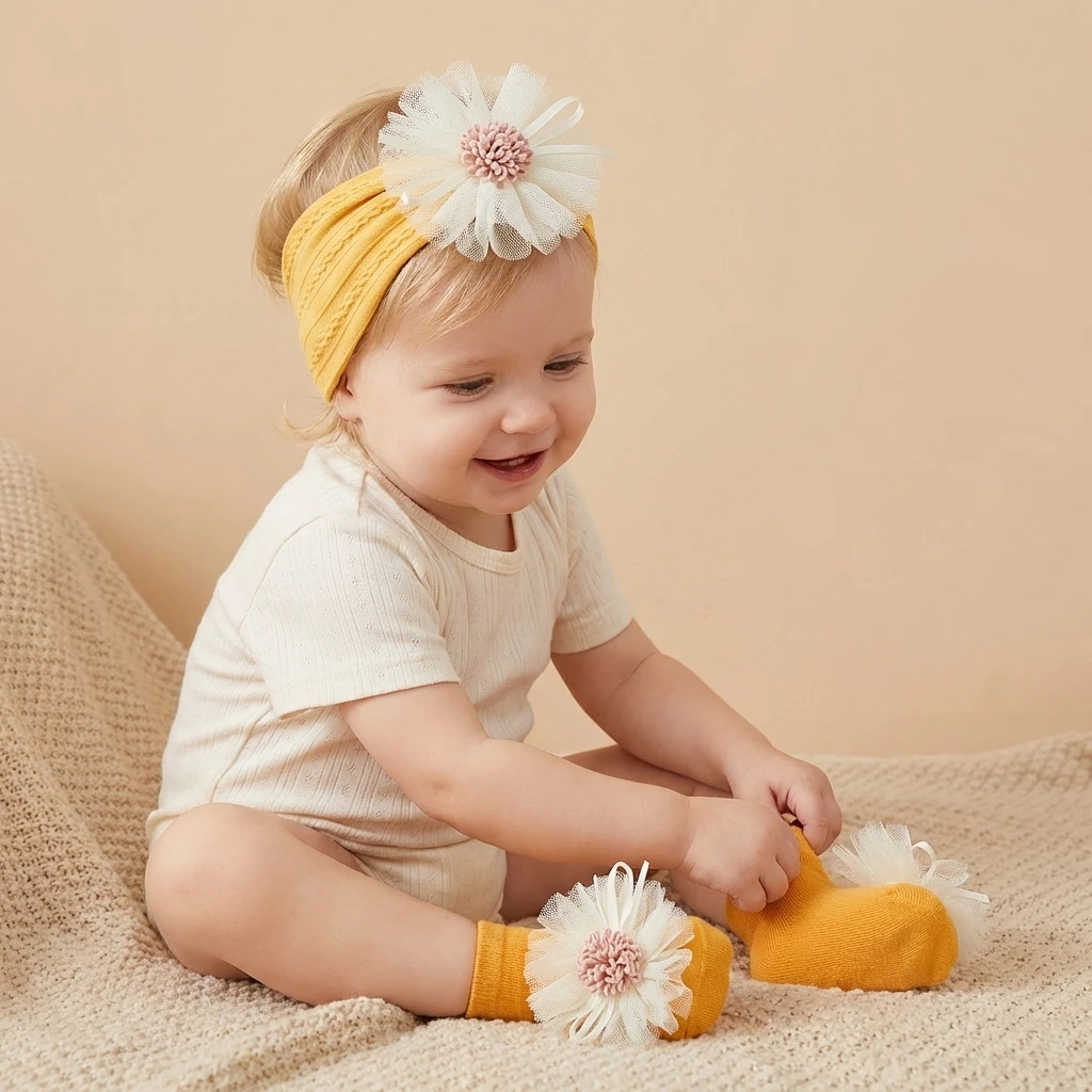 

New children's headband and socks two-piece set Baby jacquard nylon headband combo Infant accessories set