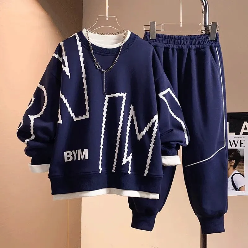 Teenage boys' set Spring and Autumn children's letter printed long sleeved casual sports pants two-piece set