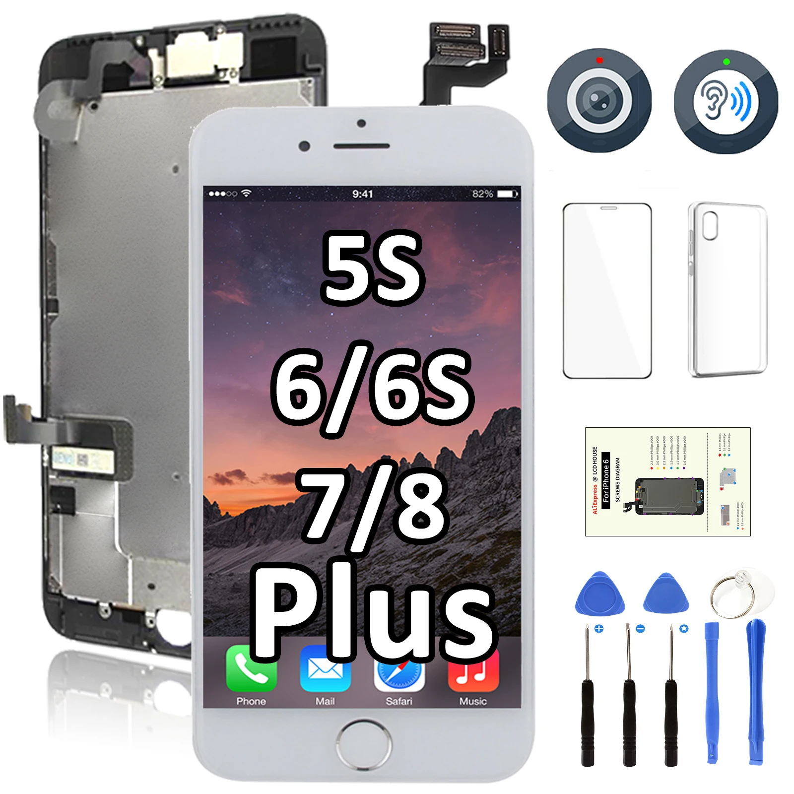 Full Set Display For iPhone 6 6S 7 8 Plus 7P 8P 5S LCD Screen Assembly Touch Digitizer Replacement Kit Front Glass with Camera