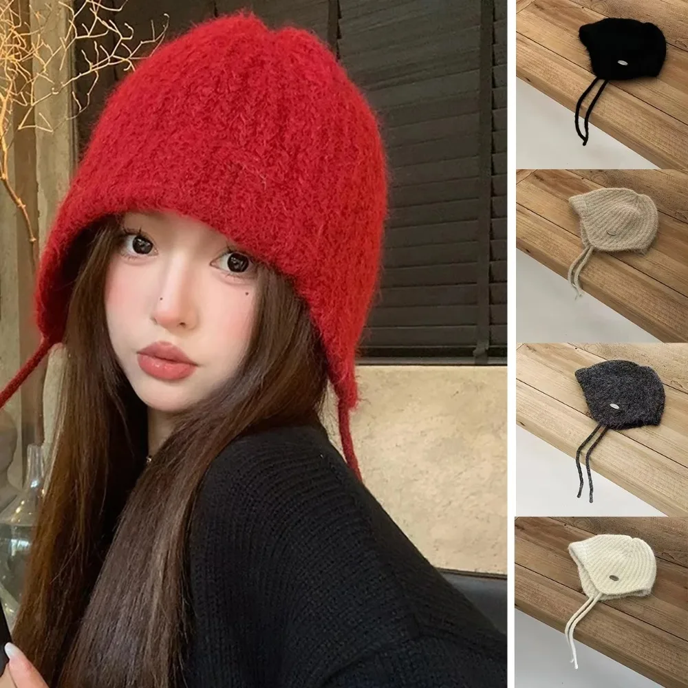 

Fashion Lace-up Knitted Earmuffs Hat Ear Protection Solid Color Ear Protection Hats Cold-proof Strap Beanies Winter