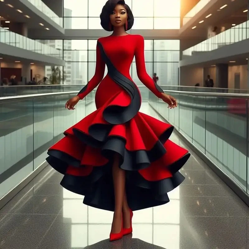Moda Czerwone suknie na bal maturalny Czarne 2 Tone Szczegóły Sukienki wizytowe Pełne rękawy Drapowane Wysoki Niski Elegancka sukienka na imprezę Asymetryczna