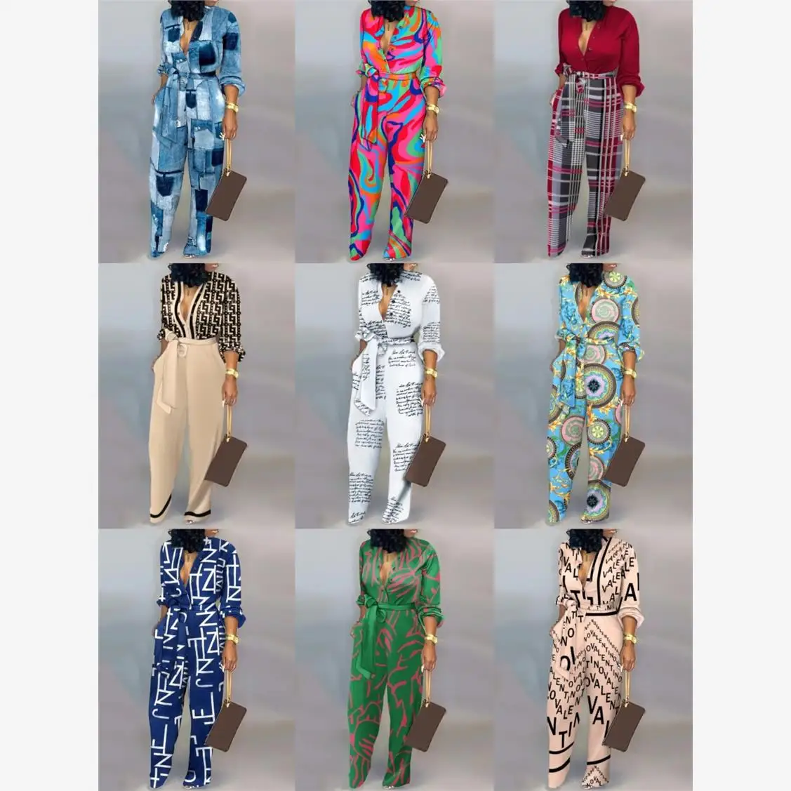 

Свободный комбинезон больших размеров с высокой талией, повседневный женский комбинезон с прямыми штанинами и принтом, удобные длинные брюки, полиэфирная ткань