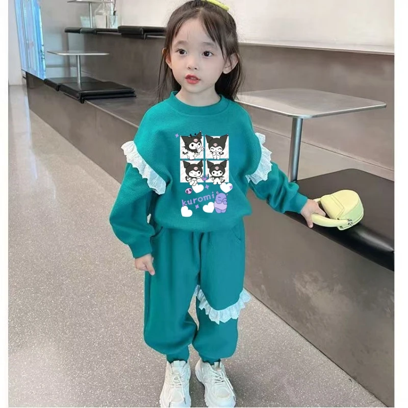 

Sanrio Autumn Baby Clothes Lace Decoration Set Kid Kunomi Printed Girls Sweatshirts Pullover Top and Pants 2pcs Cute Sportswear