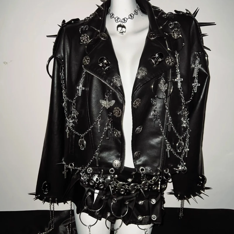 Original Design Punk Rock Sweet Cool Women's Clothing Coat 2025 Autumn New Gothic Heavy Rivet Chain Unisex Black Leather Jacket