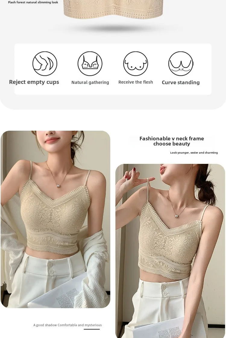 Die neue Damen-Spitzenweste mit nahtlosem kleinen Neckholder, Wickelbrust, nahtlose Unterwäsche, eine Tasse, rutschfester BH, Y2k-Top, Tank-Top, Neckholder – Detail 2