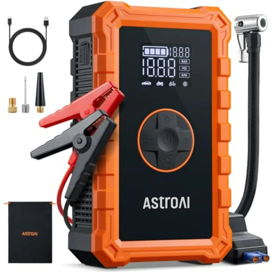 

Portable 3000A Peak Jump Starter with 150PSI Air Compressor for 12V Car Battery Charger Booster 9.0 Gas/6.5L Diesel Orange