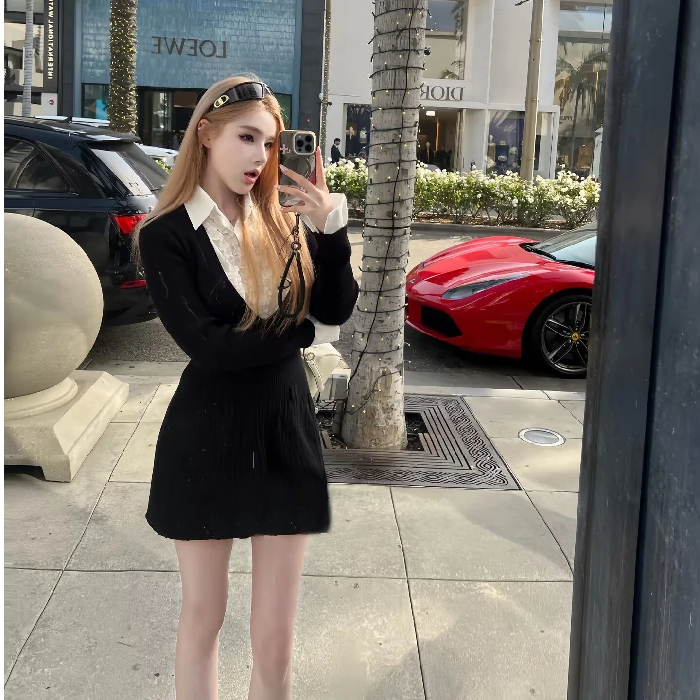 Early Autumn 2026 Korean College Style Fake Two-Piece Dress Waist Cinching Color Block Short Skirt for plus Size Women