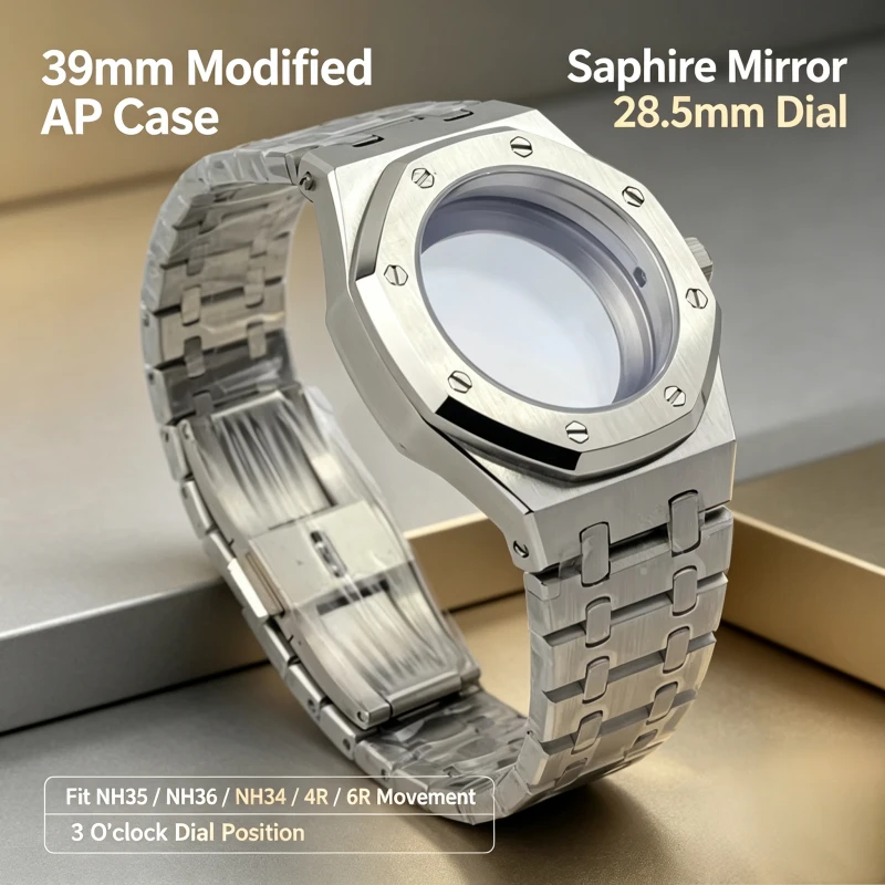 Modified AP Watch Case 39mm Mirror 28.5mm Dial 3 O'clock Position Fit NH35 NH36 Movement Stainless Steel Watch Mod Parts