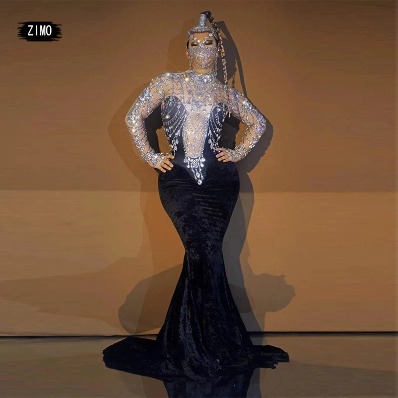 

Sparkly Rhinestone Velvet Dress Long Sleeve Women's Evening Prom Birthday Party Dresses Floor-length Performance Stage Drag Wear