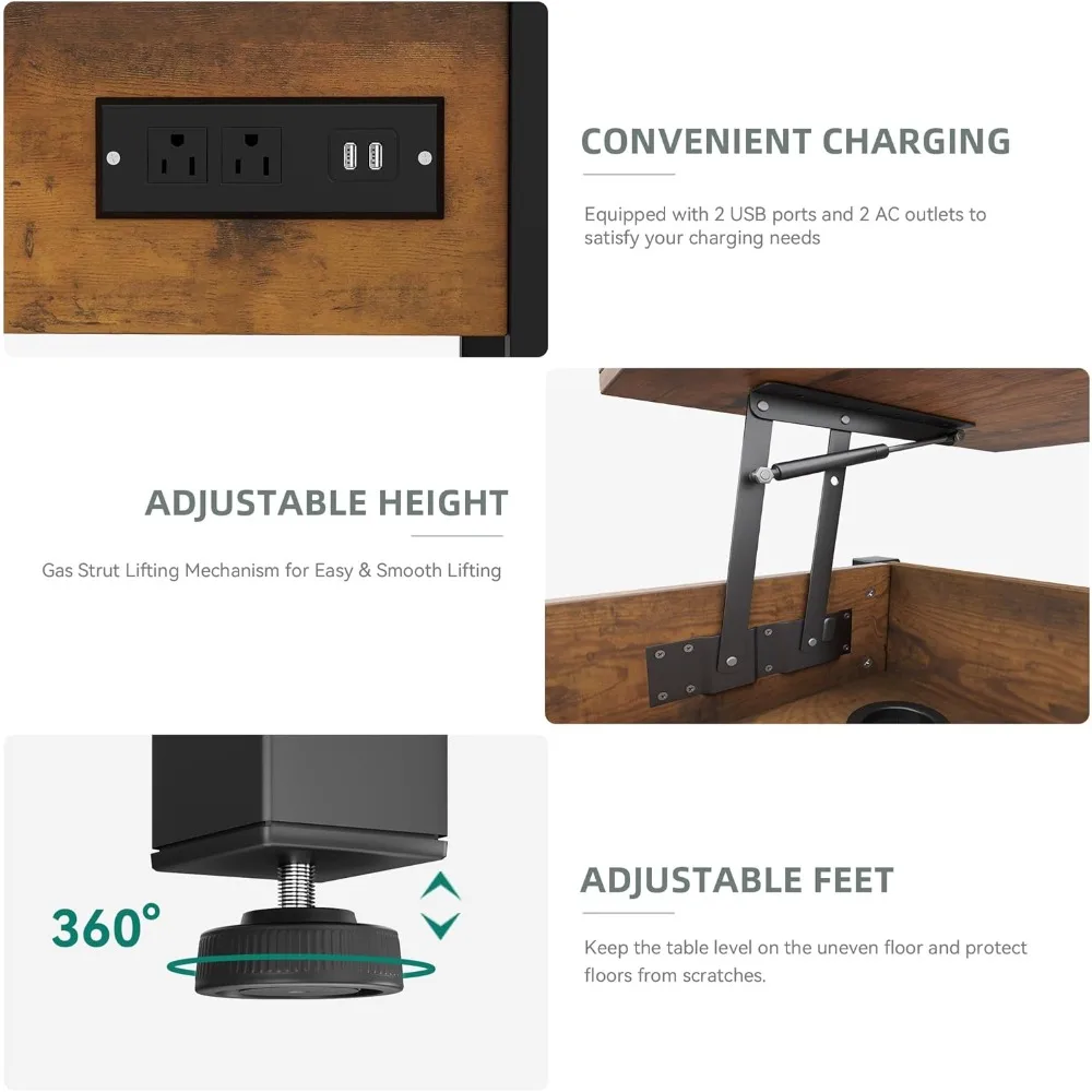 3-in-1 Coffee Table with RGB Lighting, Power Outlets, Storage, and Adjustable Height