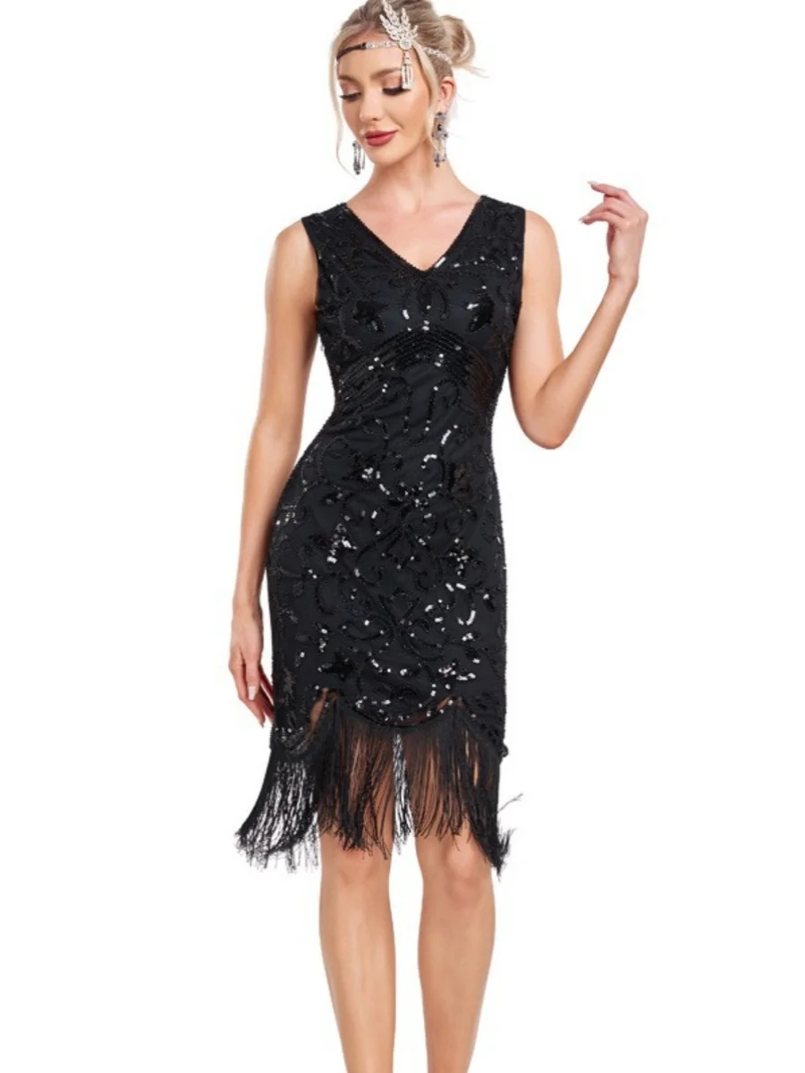 

Black sexy sequin studded dress, European and American host tassel 1920s fashion banquet evening dress, nightclub