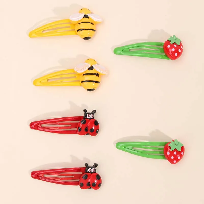 ncmama 6Pcs/set Cute Strawberry BB Hair Clips Bee Ladybug Hairpin Sweet Girls Barrettes Snap Clips DIY Hair Accessories Headwear