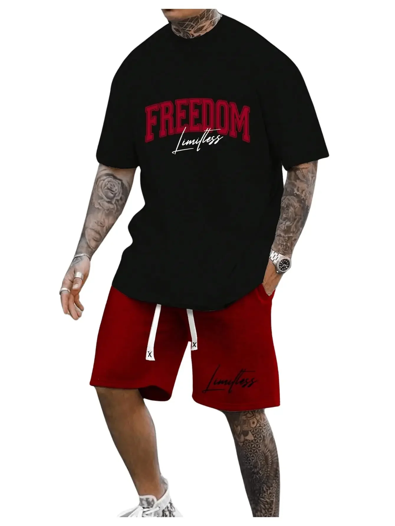 

GELITAYIN Men's 2-piece Letter Printed Round Neck Short Sleeved T-shirt And Shorts Set, Lightweight And Breathable Short Sleeved