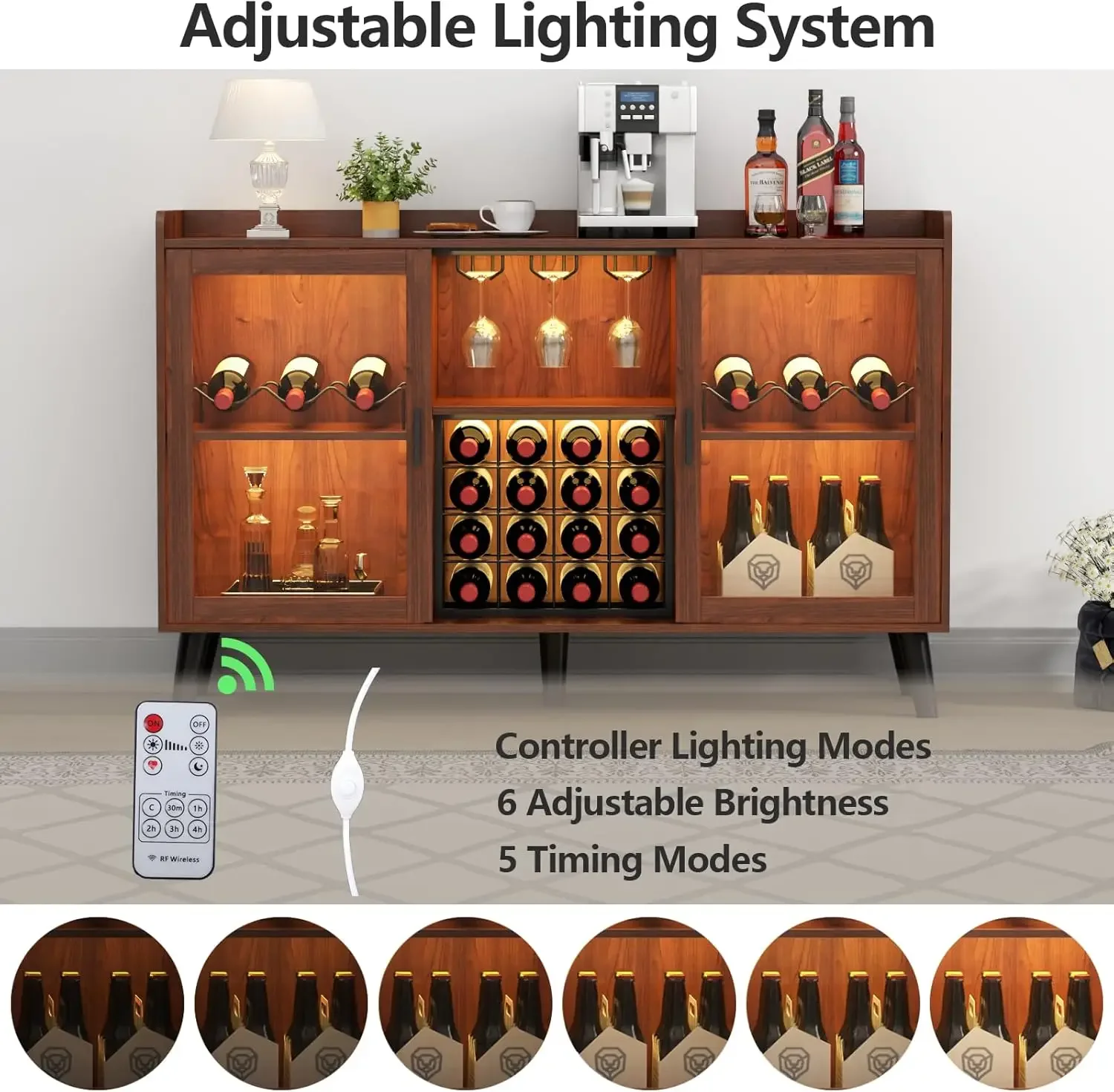 Weinbarschrank mit LED-Licht, Kaffeeschrank für Zuhause mit Wein- und Glasregal, Küchenbuffet-Sideboard mit Ablageflächen