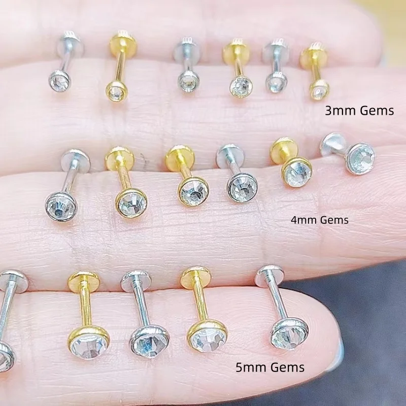 50pcs 16G Body Jewelry Piercing -Gold/Sliver Gems Lip Labret Bar Internally Thread Ear Stud Earring Helix Tragus Ear Piercing