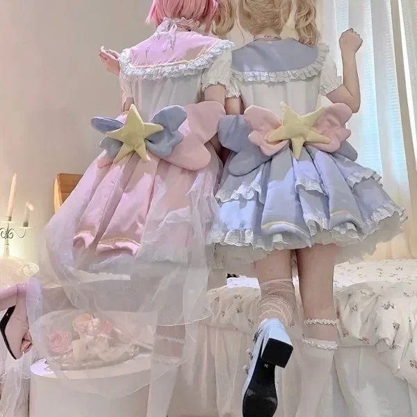 Kawaii Lolita OP Dress Women Sweet Bow Ruched Short Sleeve Party Mini Dress Japanese Harajuku Cute Girls Princess Dresses