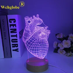 The Heart Shape Wooden Round Base 3D Lamp Battery Powered 7 Colors Present for Children Atmosphere Led Night Light Lamp Dropship