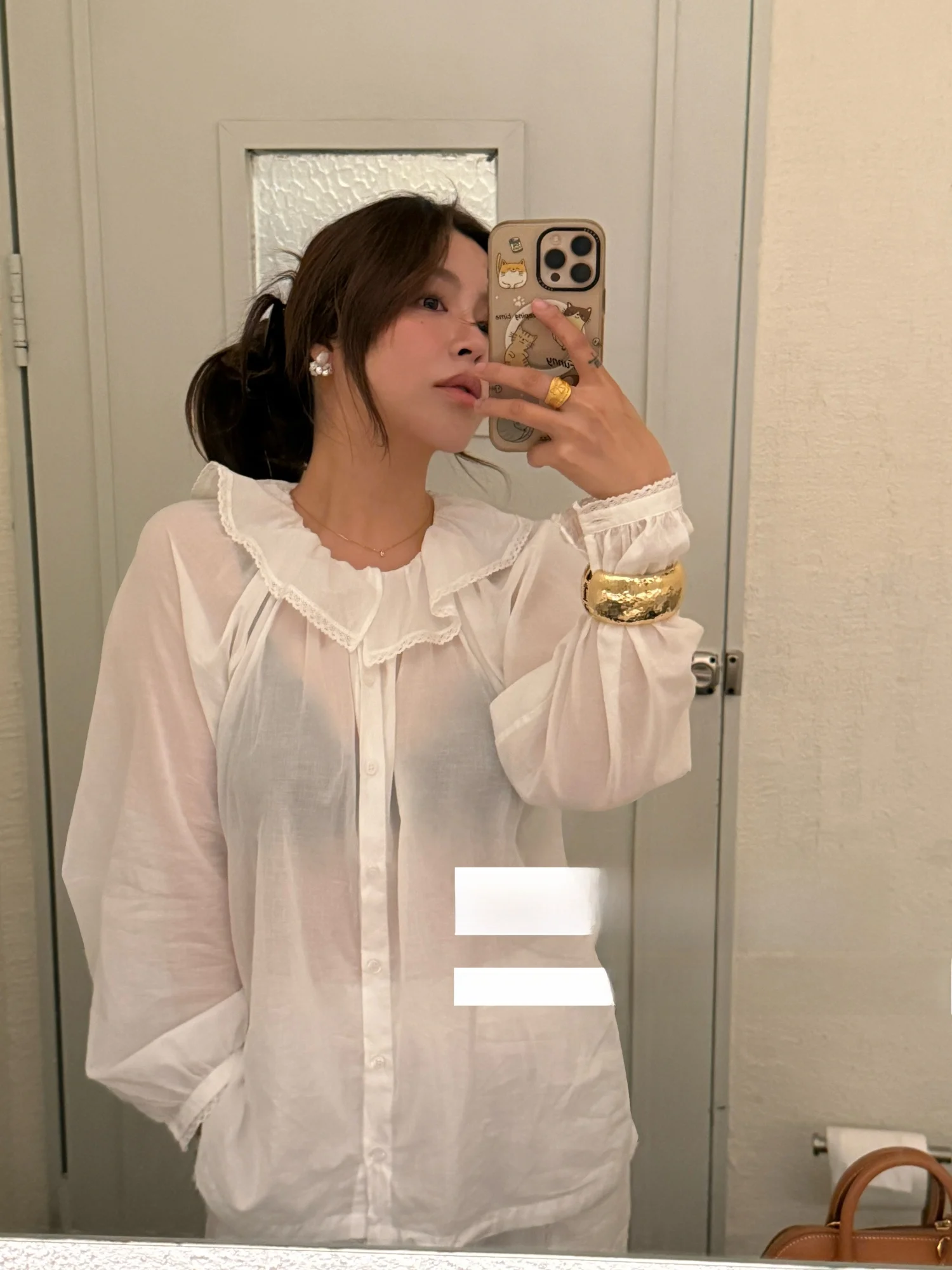 

French Style Cotton Lace Trim Sunscreen Loose Fit Long Sleeve White Bubble Sleeve Doll Collar Shirt Transparent Micro Texture