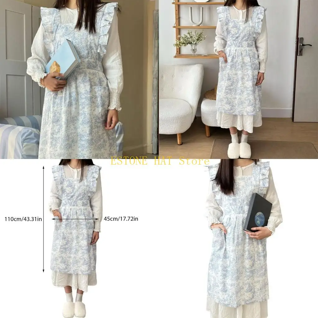 

49MF Регулируемый хлопковый фартук с рюшами с французским рисунком водяных чернил Регулируемый шейный ремень для любителей