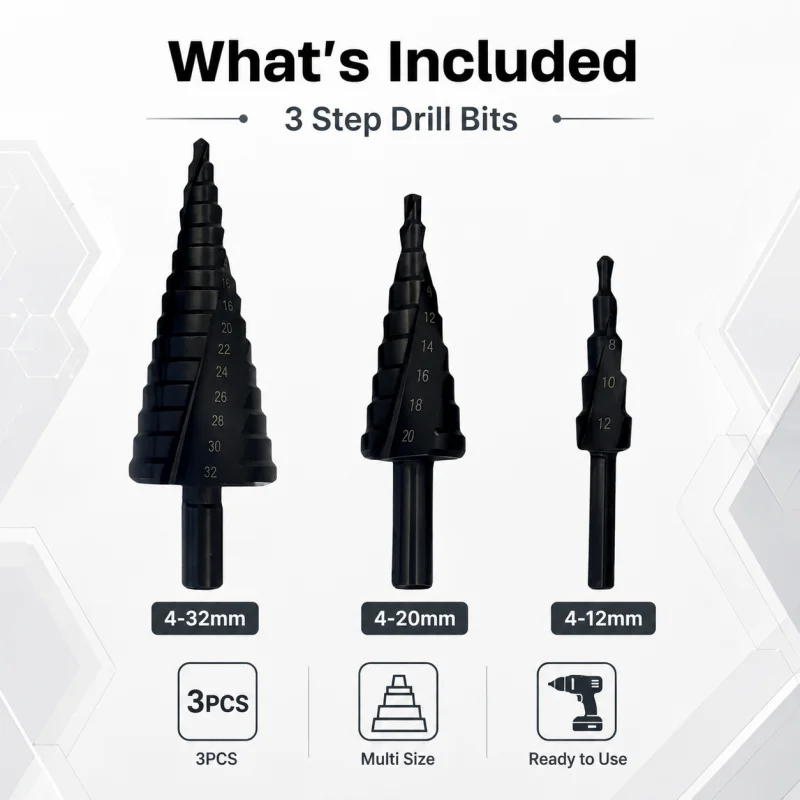 3Pcs HSS Step Drill Bit Set 4‑32mm Straight Shank Cone Drill for Metal Wood PVC Hole Drilling