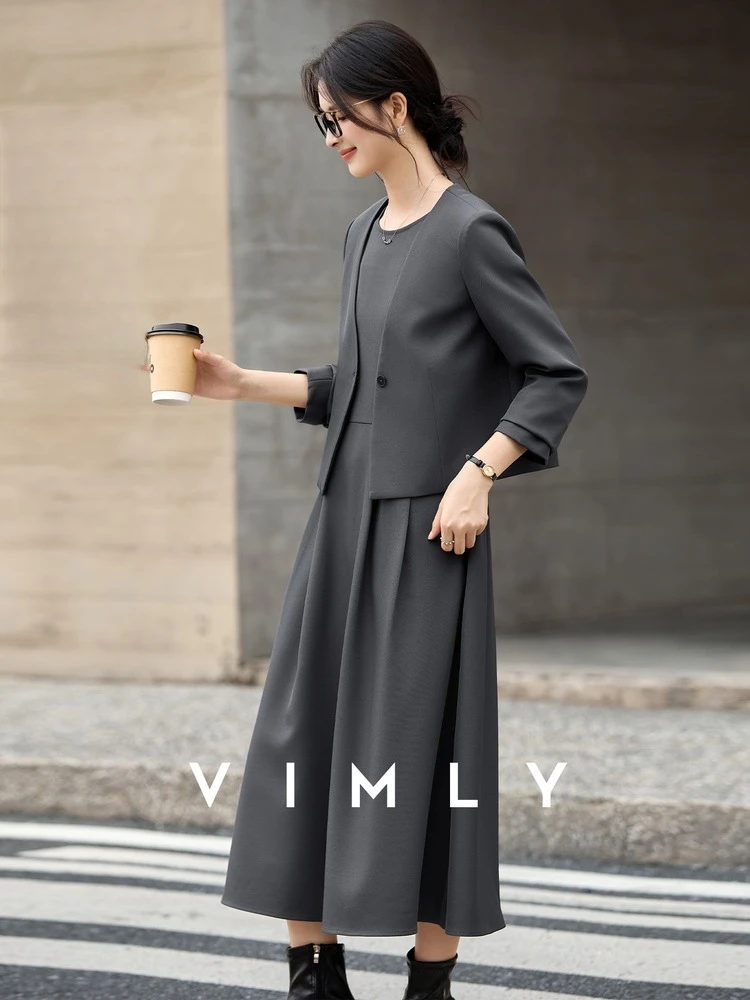 

VIMLY женское осеннее платье из двух предметов, комплект одежды для работы, серое длинное платье без рукавов с круглым вырезом и v-образным вырезом, короткое пальто, комплект платья A3031