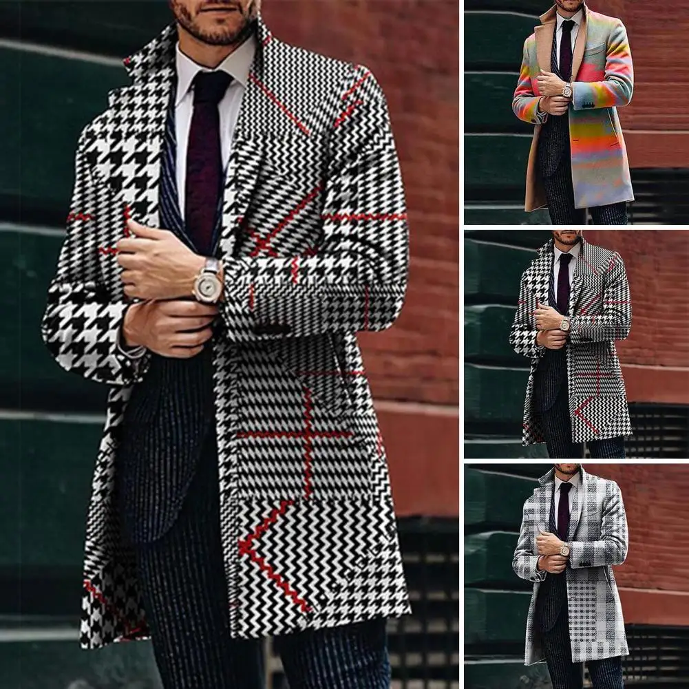 

Men Geometric Pattern Coat Stylish Men's Plaid Print Trench Coat Lapel Cardigan with Pockets Windproof Business for Fall/winter