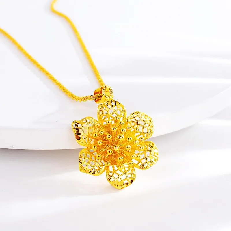 New AU999 womens gold necklace flower pendant 24k pure gold jewelry necklace noble clavicle chain for girlfriends birthday gift