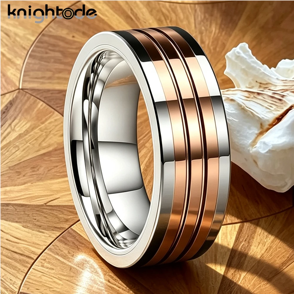 6mm/8mm Tungsten Steel Couple Rings Two-Tone Grooved Wedding Bands for Men And Women Anniversary Engagement Jewelry Gift