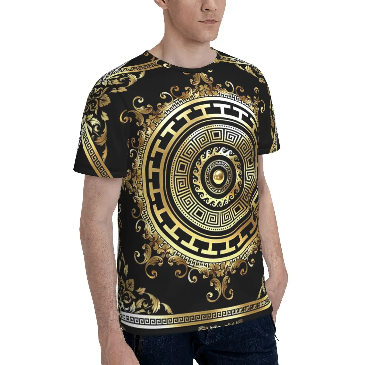 Greek Keys Black Gold Medallion Meander Baroque T-Shirt for Men Cotton T Shirts Men's Short Sleeve Round Neck Clothes Tops
