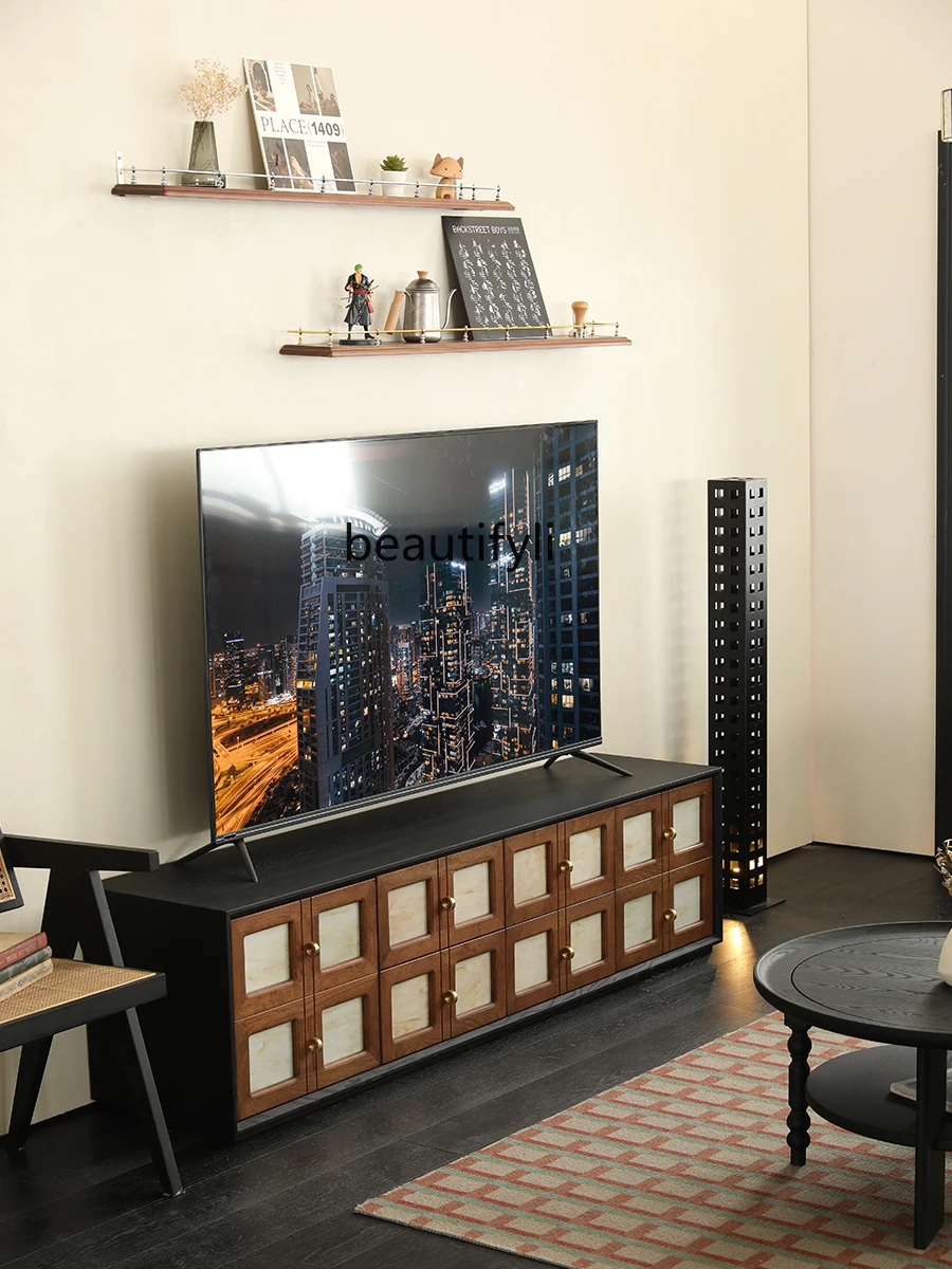 Mid-Ancient Modern Solid Wood Floor TV Cabinet Retro Low Cabinet Living Room Nanyang Small Apartment Audiovisual Cabinet