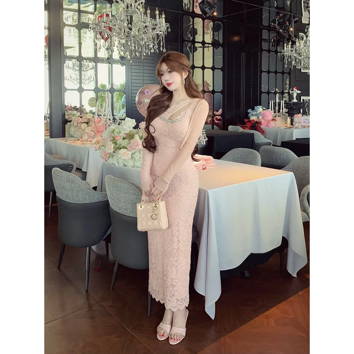 

Ele Hollow out Neline Long Lace Dr Slim Fit Crystal Weave Feather Pure Desire Sle Ladies Dr for Par And Ball